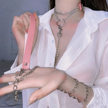 Fetish BDSM Leather Choker Necklace Slave Collar With A Leashes Rope Cosplay