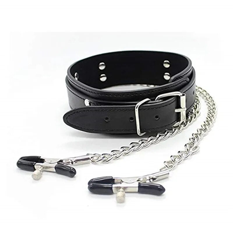 BDSM Leather Choker Collar with Nipples Breast Clamp Clip Chain Slave