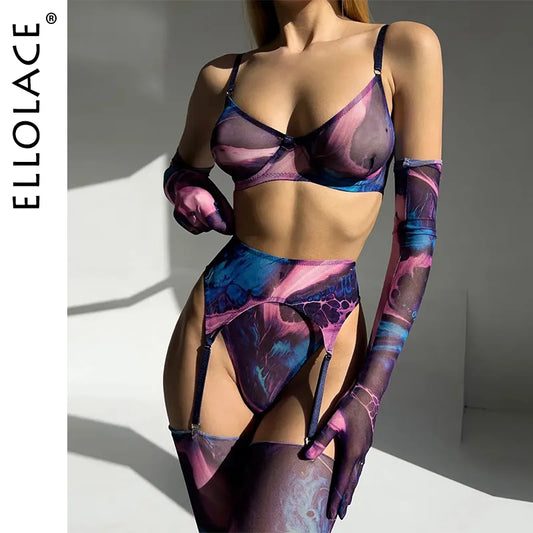Tie Dye Lingerie With Stocking Sleeve Sexy Fancy Underwear 5-Piece