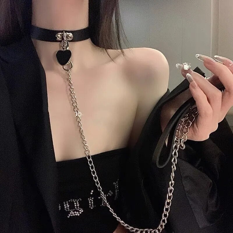 Fetish BDSM Leather Choker Necklace Slave Collar With A Leashes Rope Cosplay