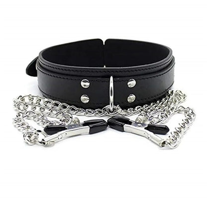 BDSM Leather Choker Collar with Nipples Breast Clamp Clip Chain Slave